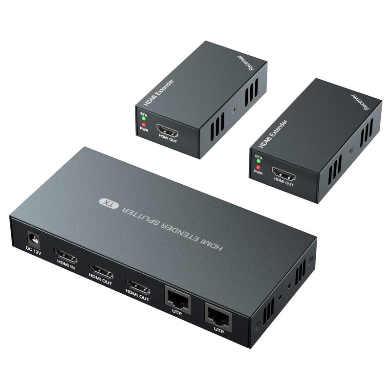 PWAYTEK موزع HDMI PWAYTEK 1x2 1080P@60Hz عبر كابل Ethernet Cat 5E/6/7 بطول 50م (165 قدم) يدعم 2 مخرج HDMI مع نسخ EDID ووظيفة POC (مدخل واحد ومخرجان) - Image 1